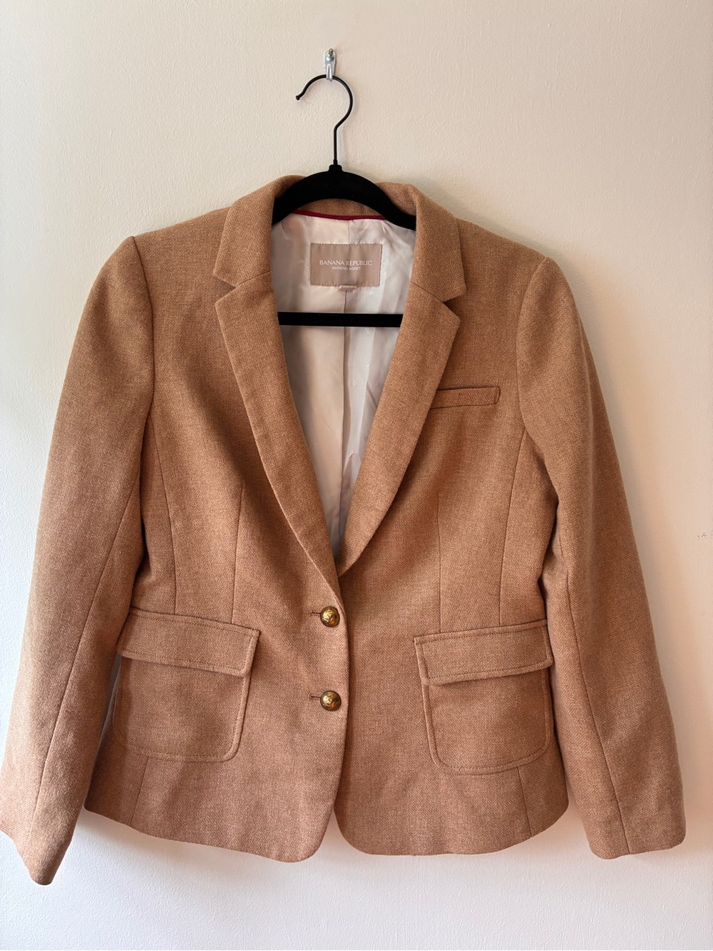 Banana Republic Women's Tan Wool-Blend Blazer Hacking Jacket with Gold Buttons